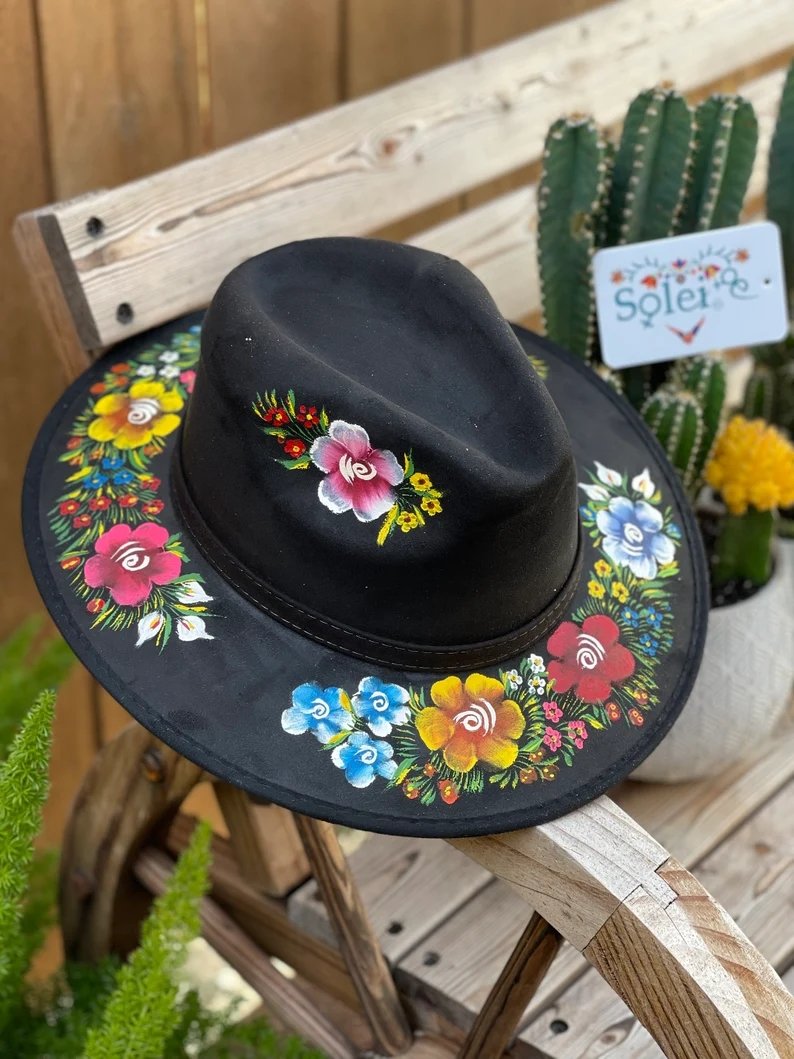 Mexican Artisanal Suede Floral Hand Painted Hat. Sombrero Irma - Solei Store