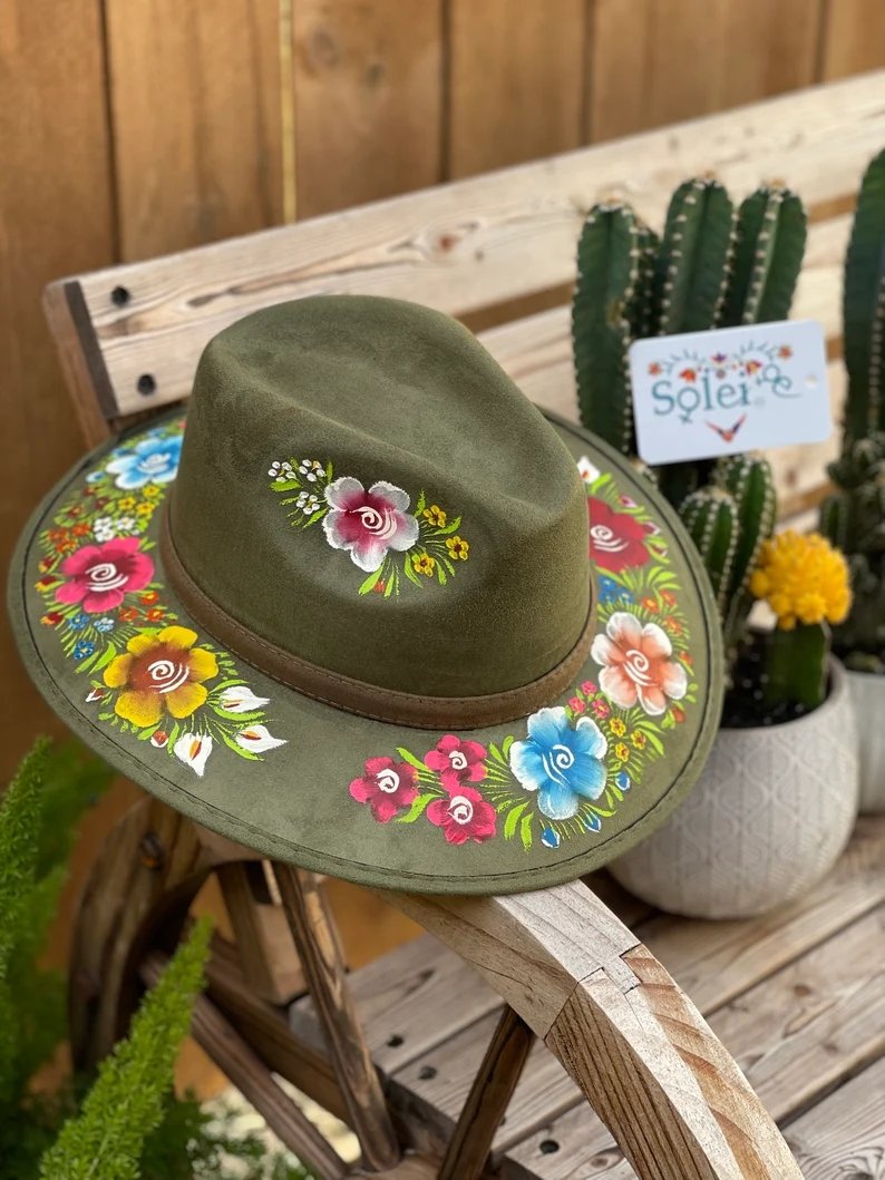 Mexican Artisanal Suede Floral Hand Painted Hat. Sombrero Irma - Solei Store