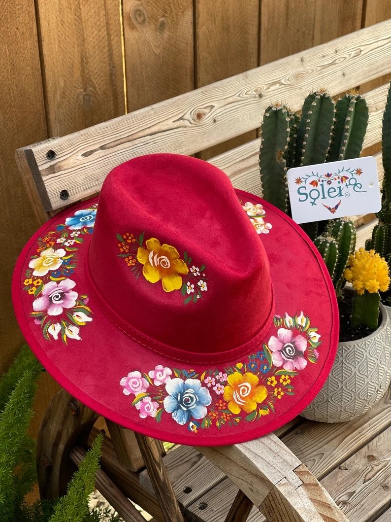 Mexican Artisanal Suede Floral Hand Painted Hat. Sombrero Irma - Solei Store