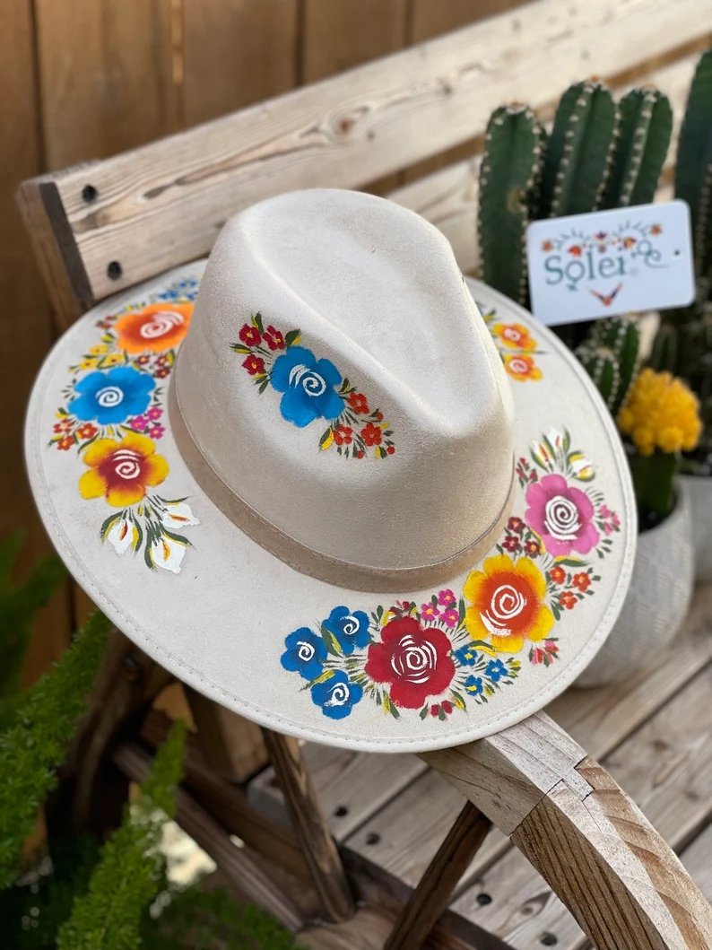 Mexican Artisanal Suede Floral Hand Painted Hat. Sombrero Irma - Solei Store