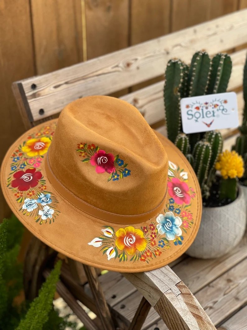 Mexican Artisanal Suede Floral Hand Painted Hat. Sombrero Irma - Solei Store