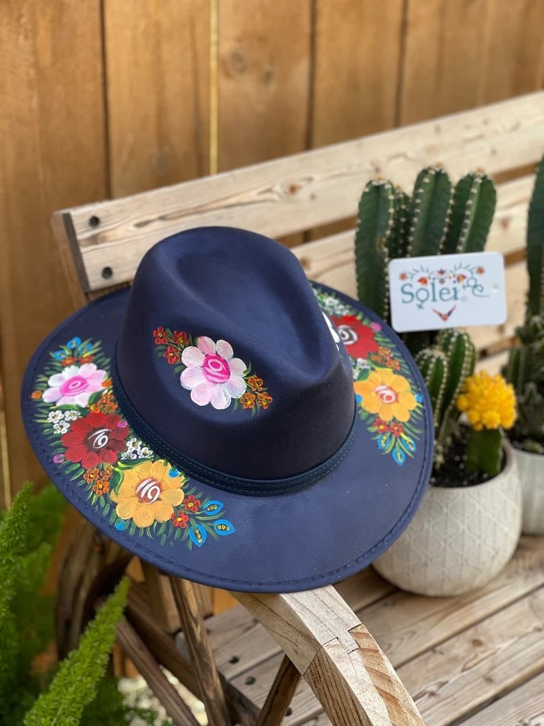 Mexican Artisanal Suede Floral Hand Painted Hat. Sombrero Pamela - Solei Store