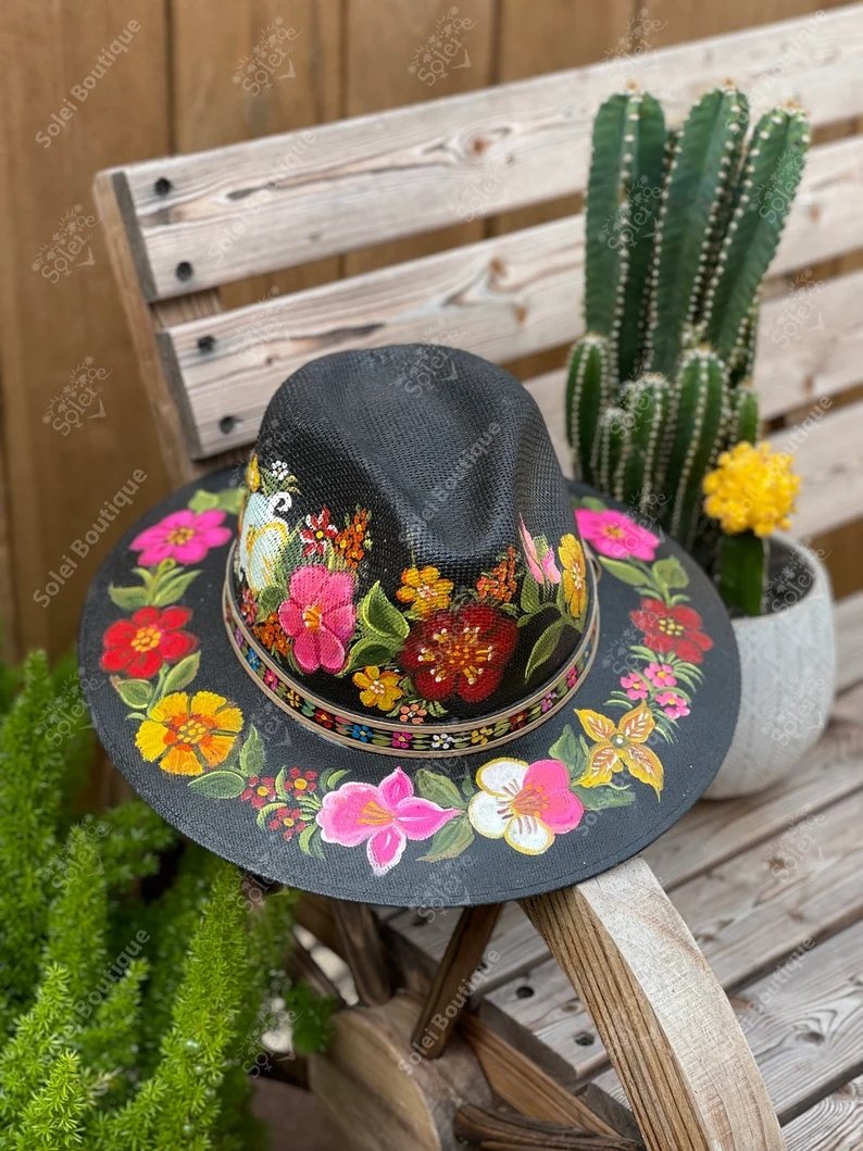 Hand Painted Hat With Pink Flowers. Mexican Floral Hat. hotsell Artisanal Mexican Sombrero. Beach Hat