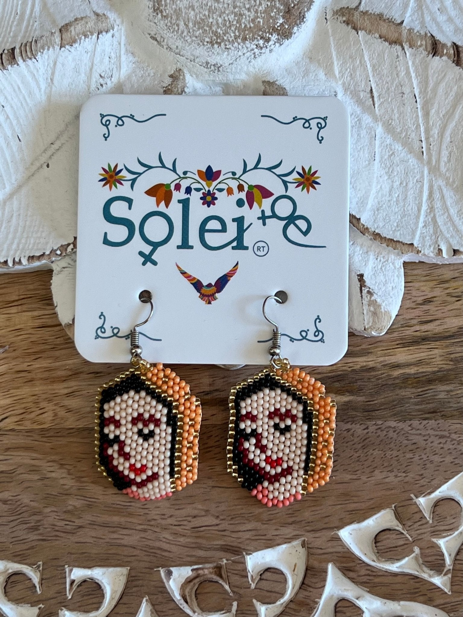 Mexican Beaded Artisanal Ethnic Earrings. Chaquira Virgen Earrings. - Solei Store