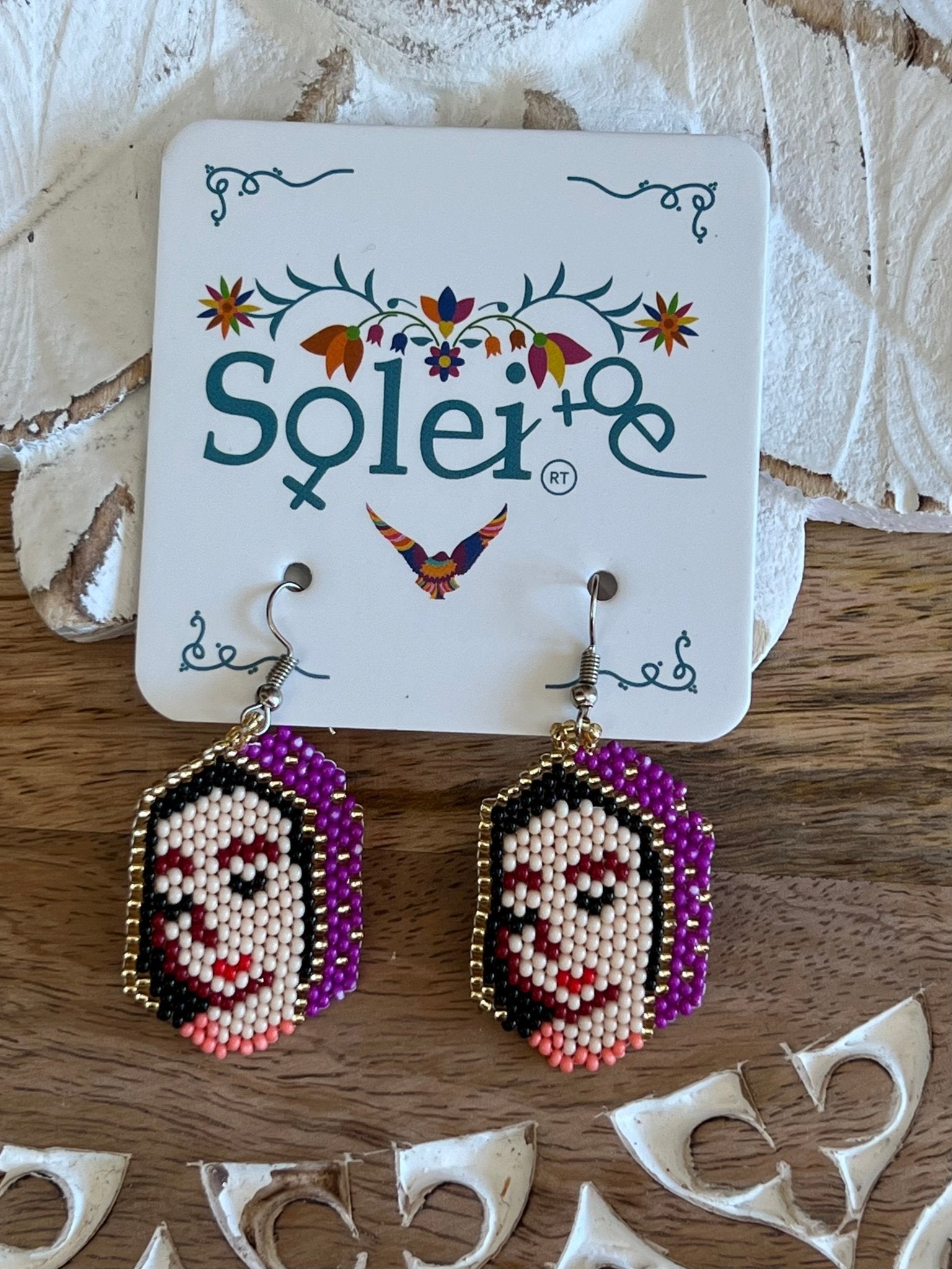 Mexican Beaded Artisanal Ethnic Earrings. Chaquira Virgen Earrings. - Solei Store