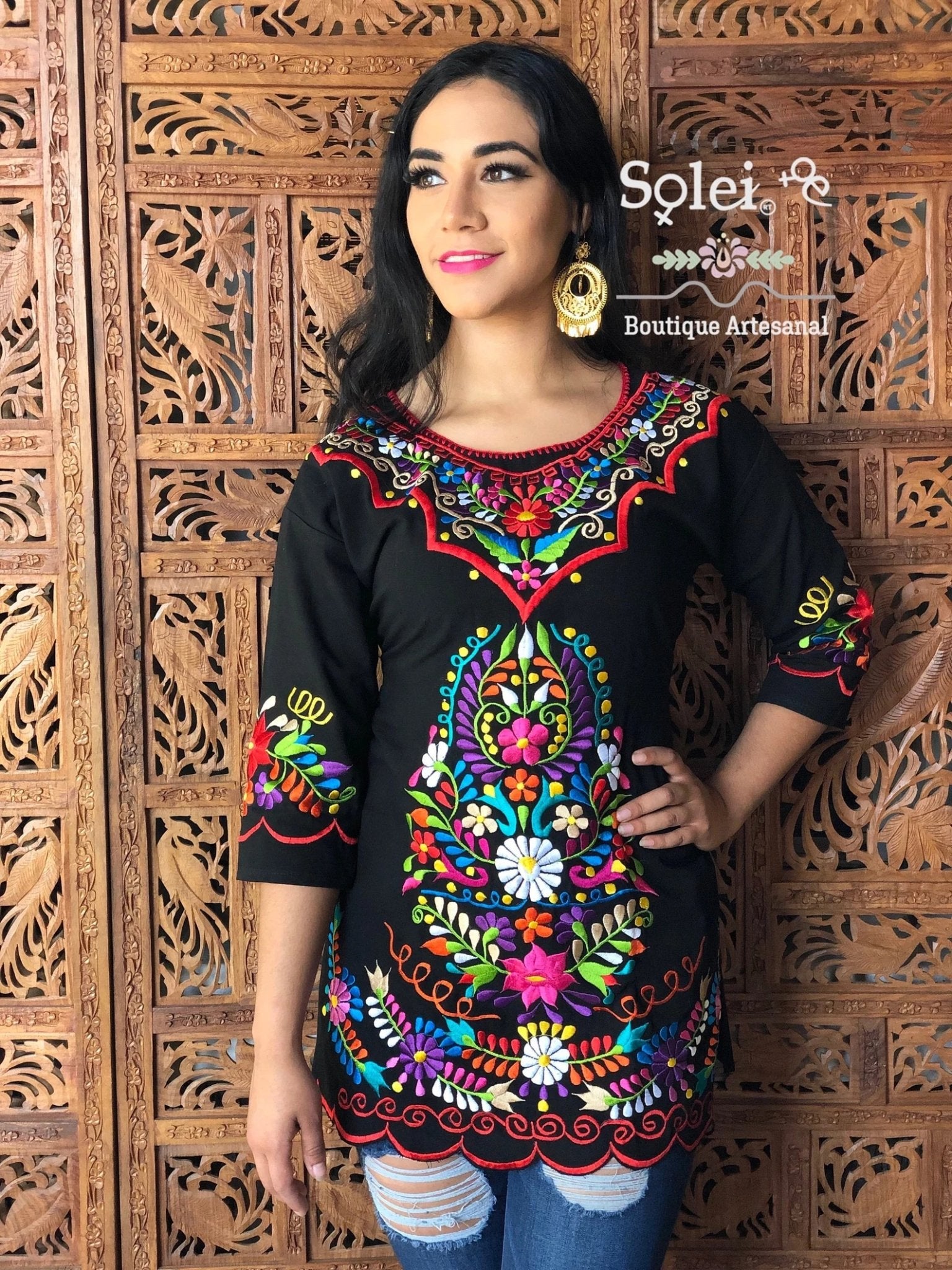 Mexican Colorful Embroidered 3/4 Blouse. Bluson Kimono - Solei Store