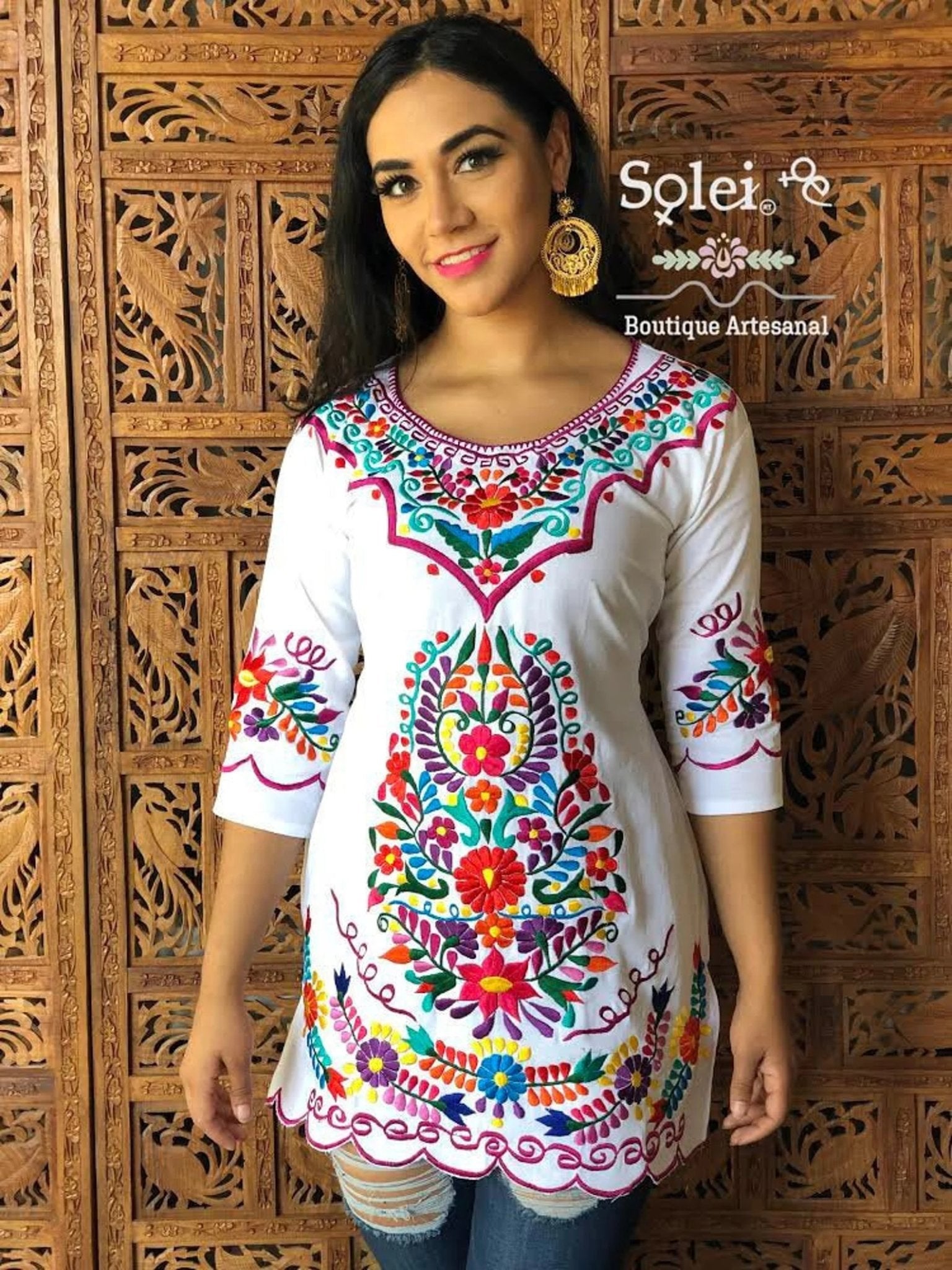 Mexican Colorful Embroidered 3/4 Blouse. Bluson Kimono - Solei Store