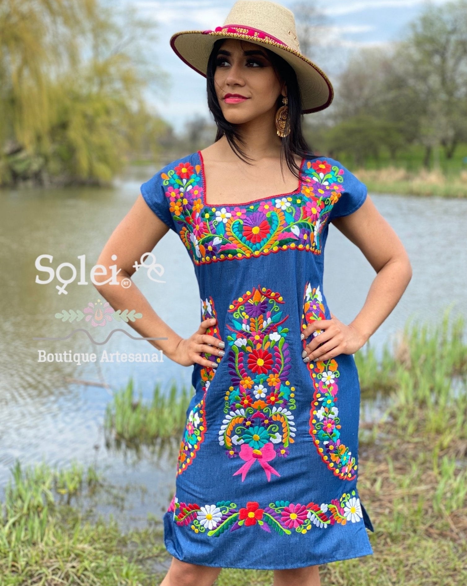 Mexican Colorful Embroidered Denim Dress in Denim