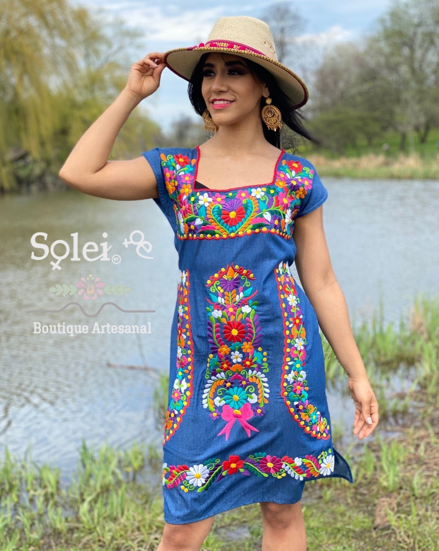 Mexican Colorful Embroidered Denim Dress. Vestido Ana Denim - Solei Store