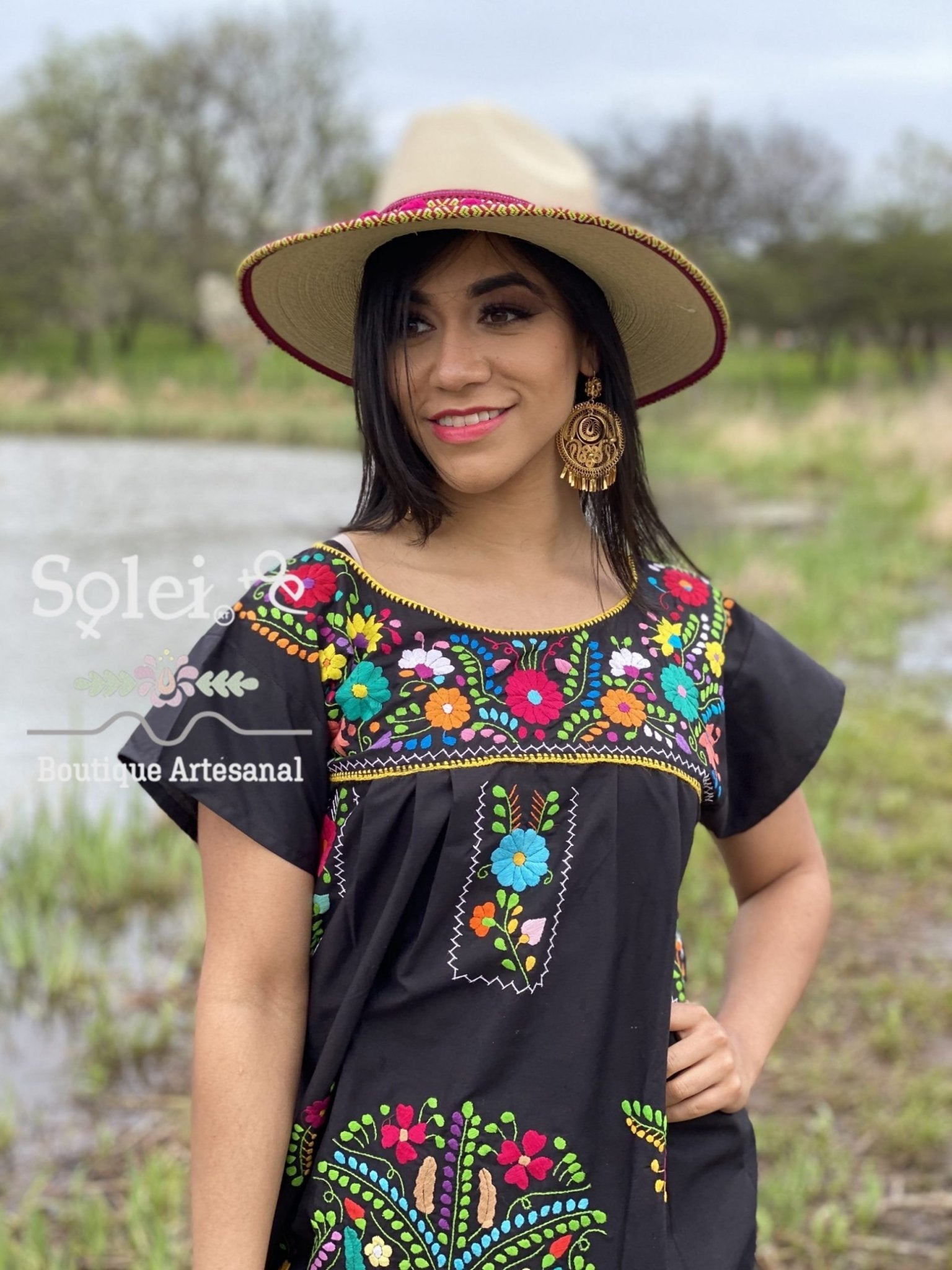 Mexican dress, hand embroidered mexican dress, mexican floral dress, ethnic dress, cotton dress, mexican huipil. - Solei Store