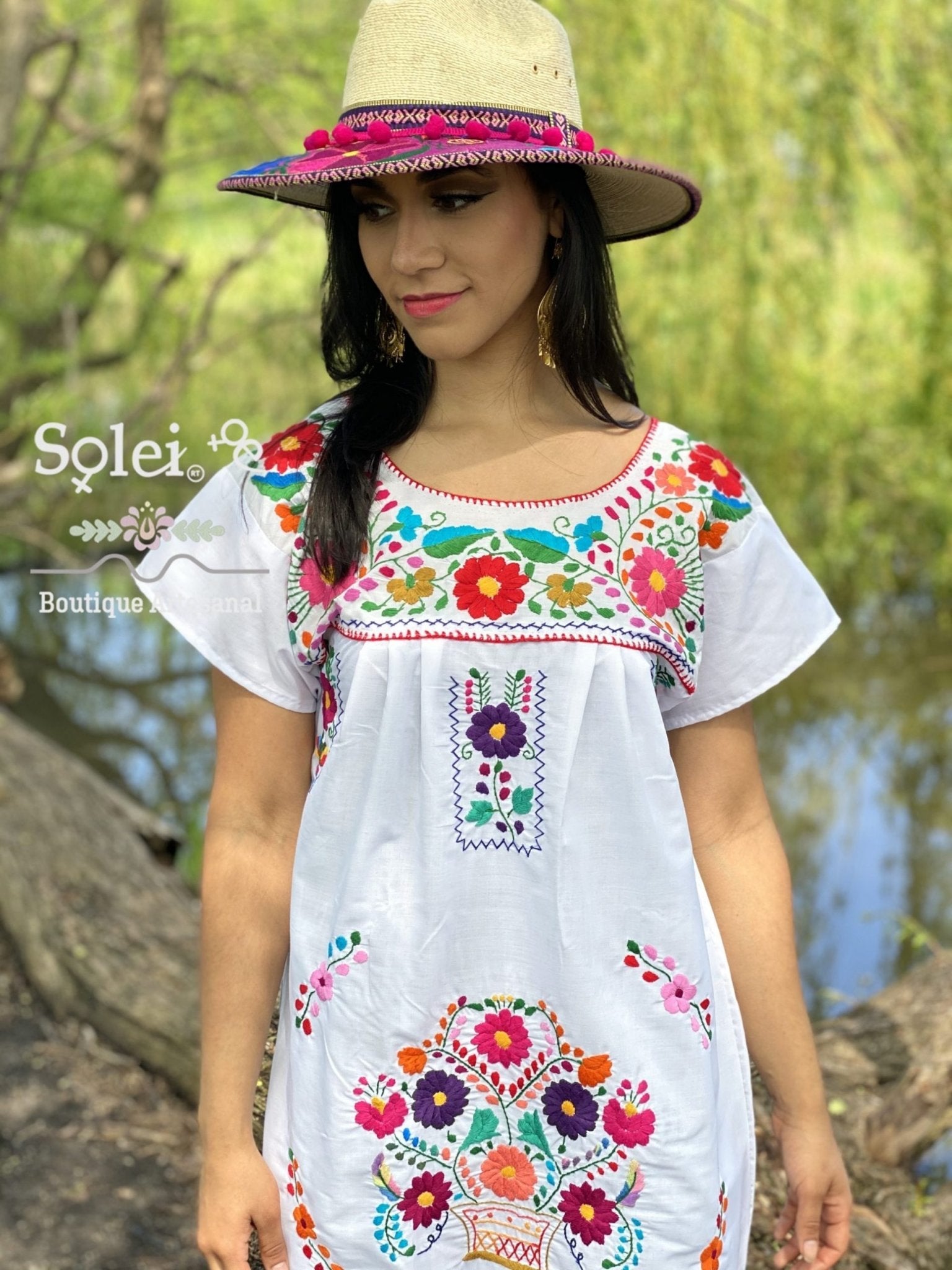 Mexican dress, hand embroidered mexican dress, mexican floral dress, ethnic dress, cotton dress, mexican huipil. - Solei Store