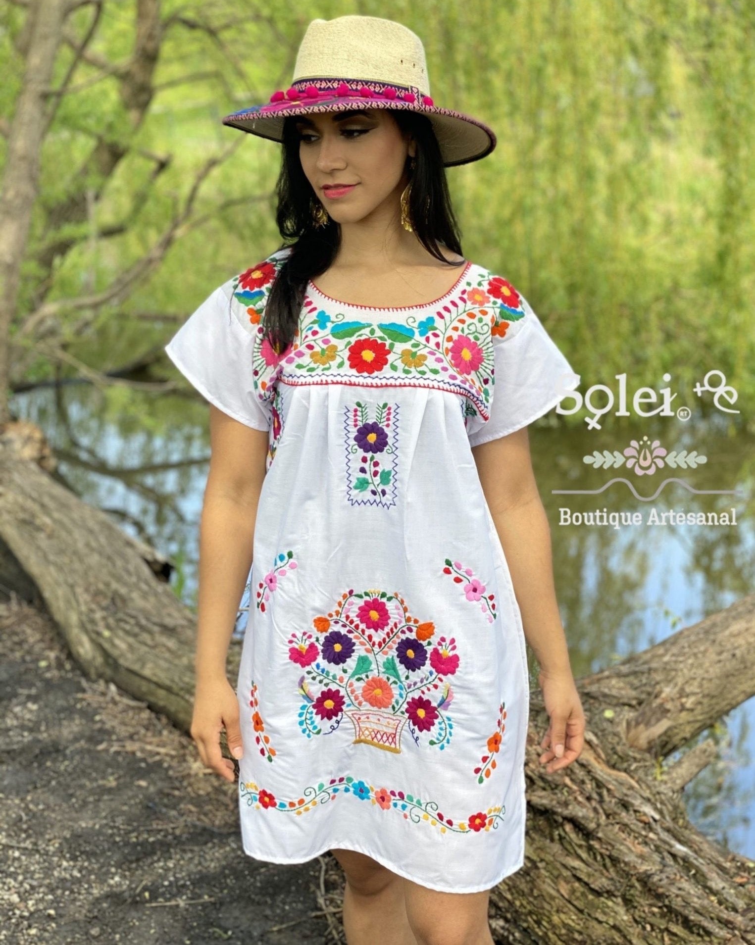Mexican dress, hand embroidered mexican dress, mexican floral dress, ethnic dress, cotton dress, mexican huipil. - Solei Store