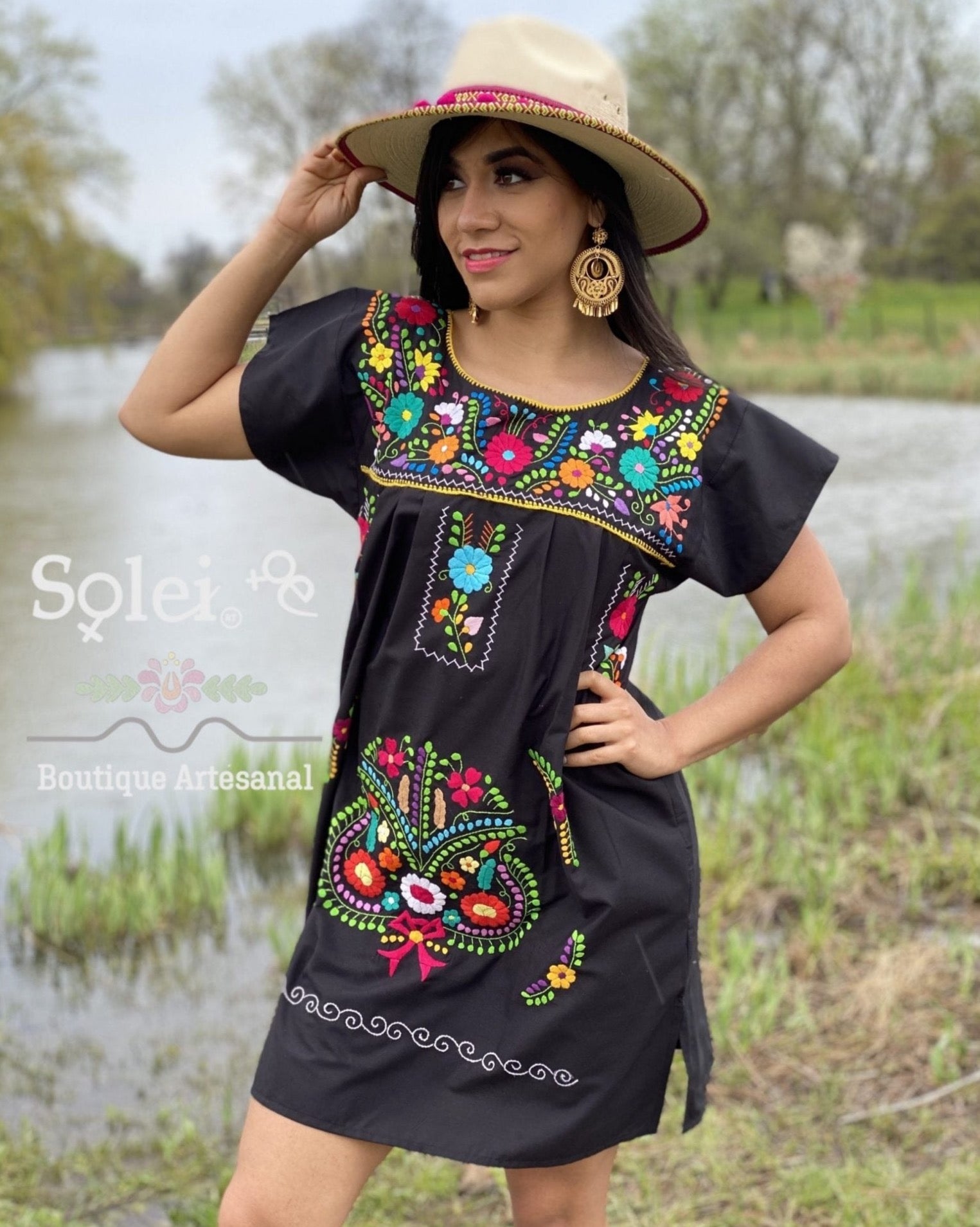 Mexican dress, hand embroidered mexican dress, mexican floral dress, ethnic dress, cotton dress, mexican huipil. - Solei Store