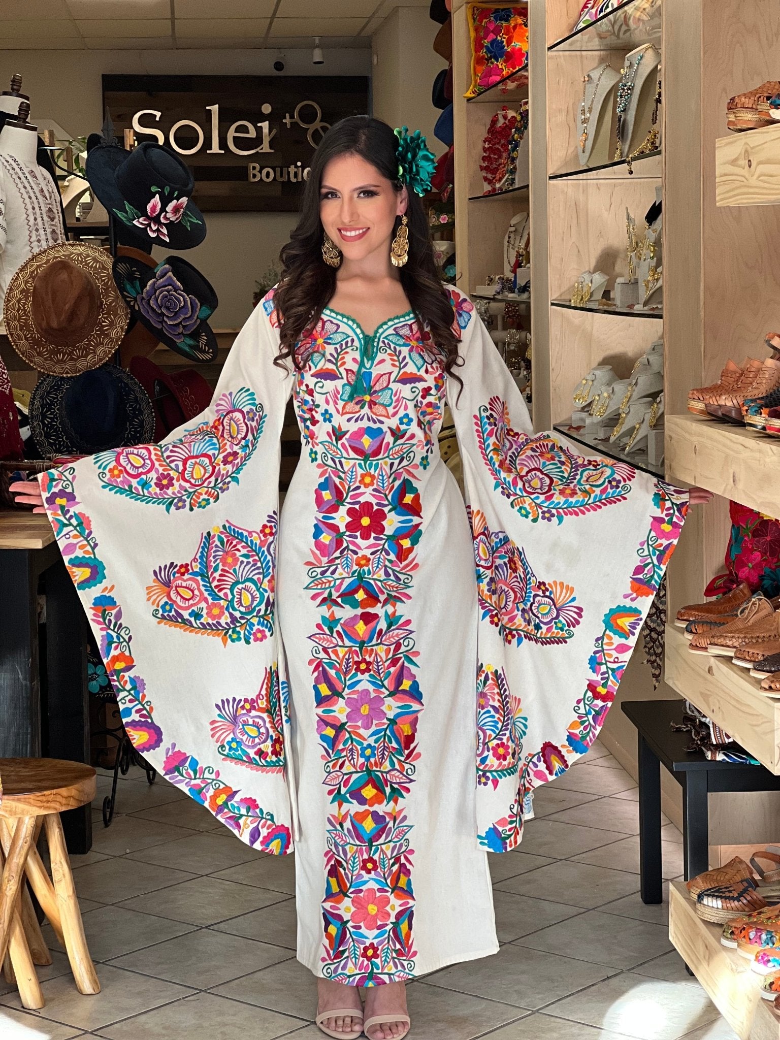 Mexican Embroidered Bell Sleeve Dress. Floral Embroidered Mexican Dress. Maya Dress. - Solei Store