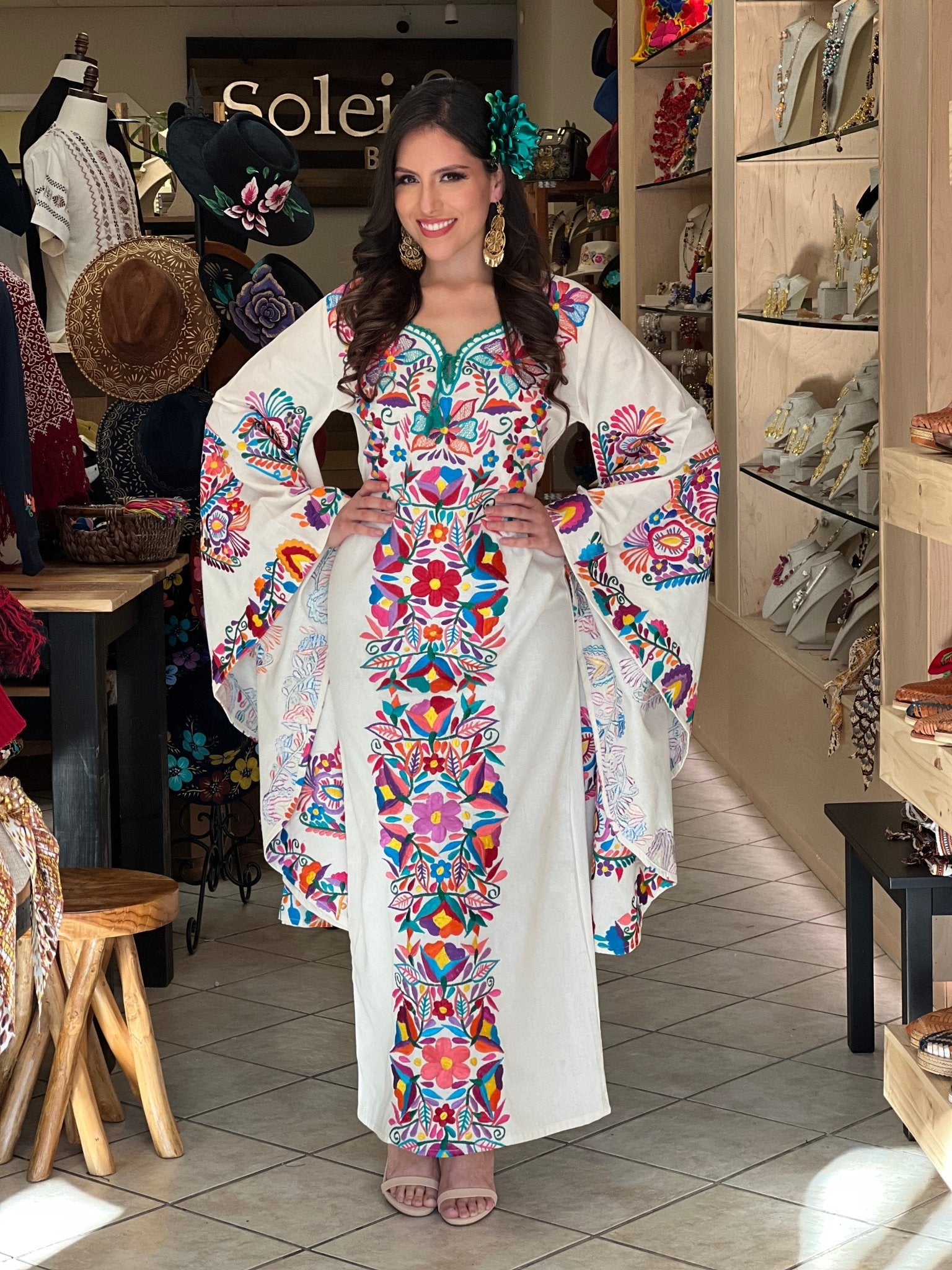 Mexican Embroidered Bell Sleeve Dress. Floral Embroidered Mexican Dress. Maya Dress. - Solei Store