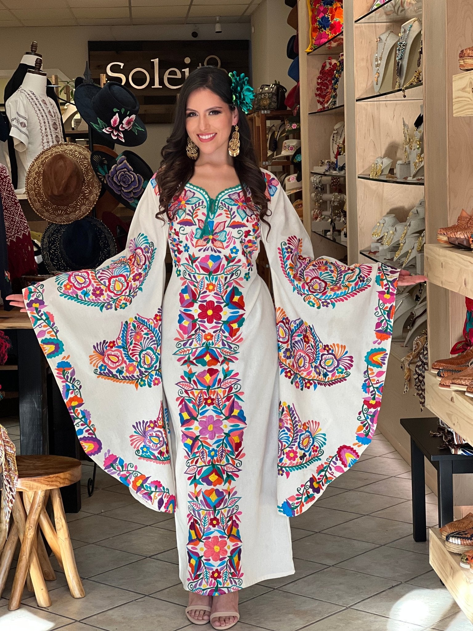 Mexican Embroidered Bell Sleeve Dress. Floral Embroidered Mexican Dress. Maya Dress. - Solei Store