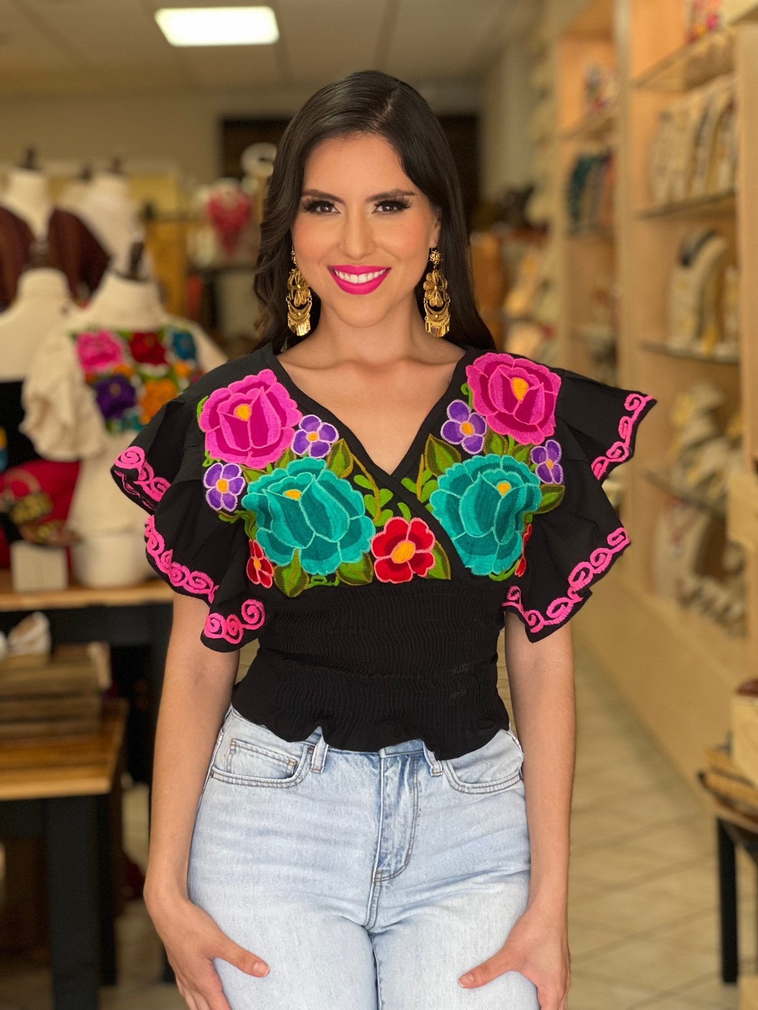 Mexican Embroidered Floral Butterfly Sleeve Crop Top. Mariposa Crop Top - Solei Store