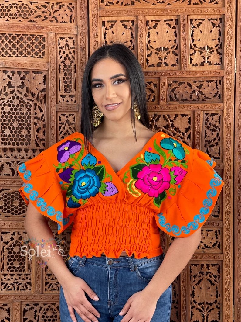 Mexican Embroidered Floral Butterfly Sleeve Crop Top. Mariposa Crop Top - Solei Store