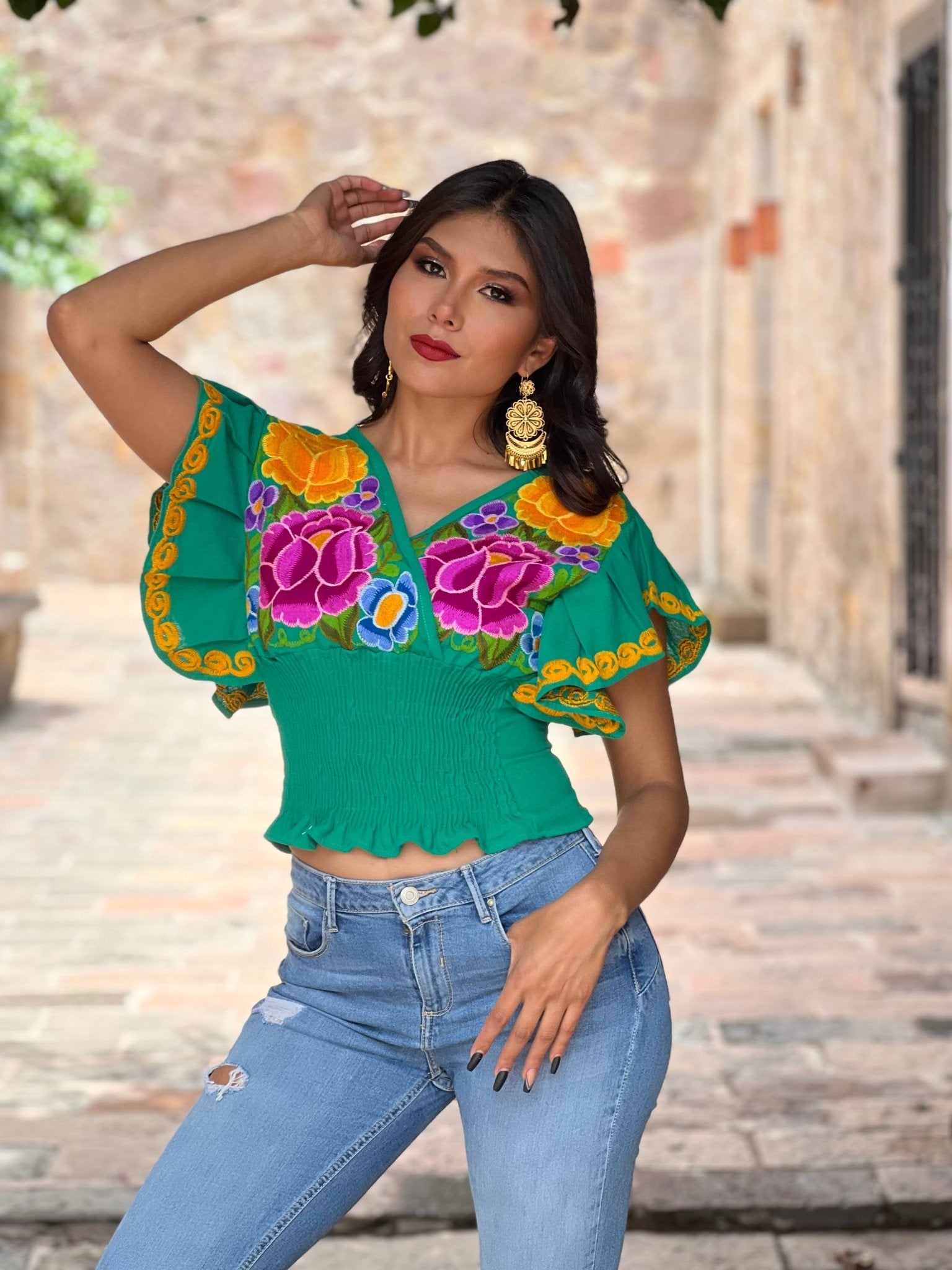 Mexican Embroidered Floral Butterfly Sleeve Crop Top. Mariposa Crop Top - Solei Store