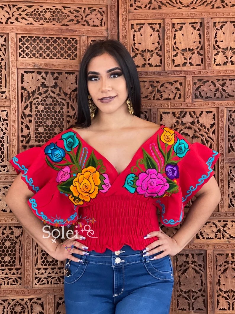 Mexican Embroidered Floral Butterfly Sleeve Crop Top. Mariposa Crop Top - Solei Store