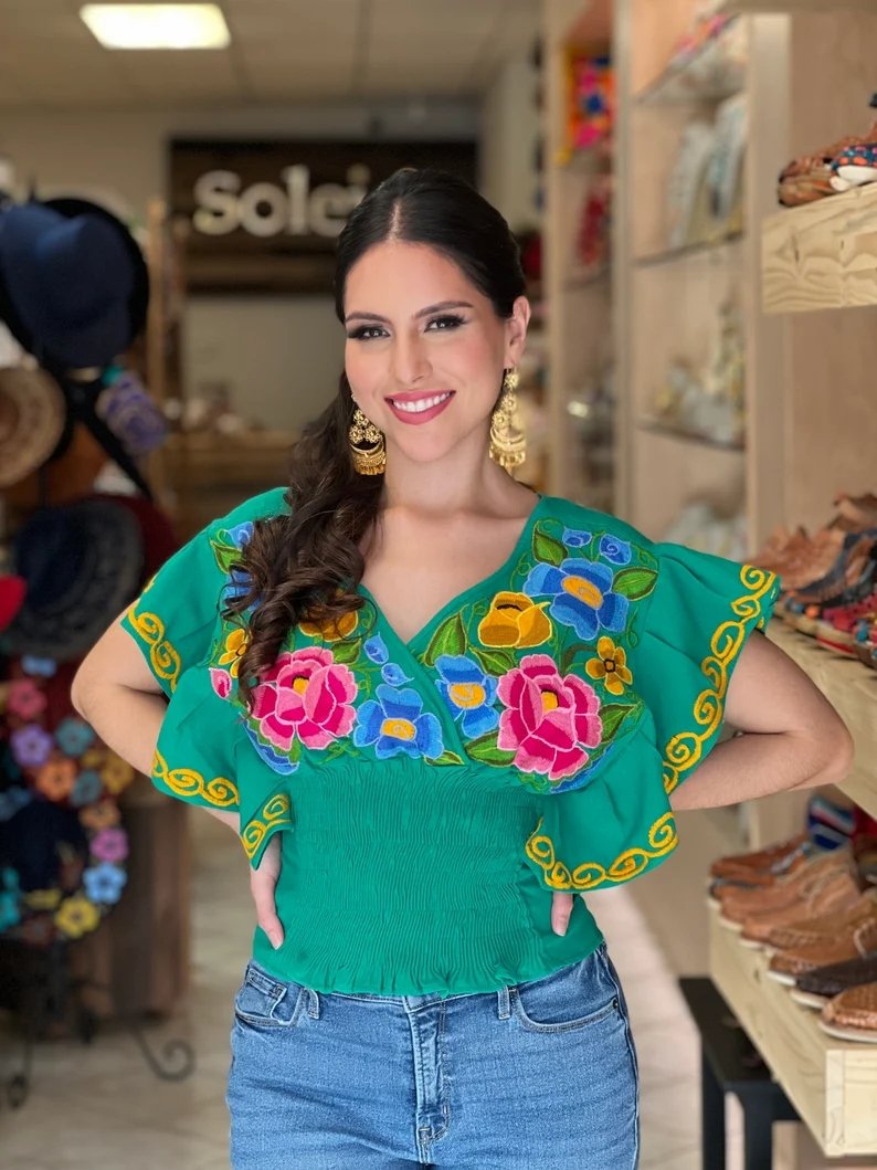 Mexican Embroidered Floral Butterfly Sleeve Crop Top. Mariposa Crop Top - Solei Store