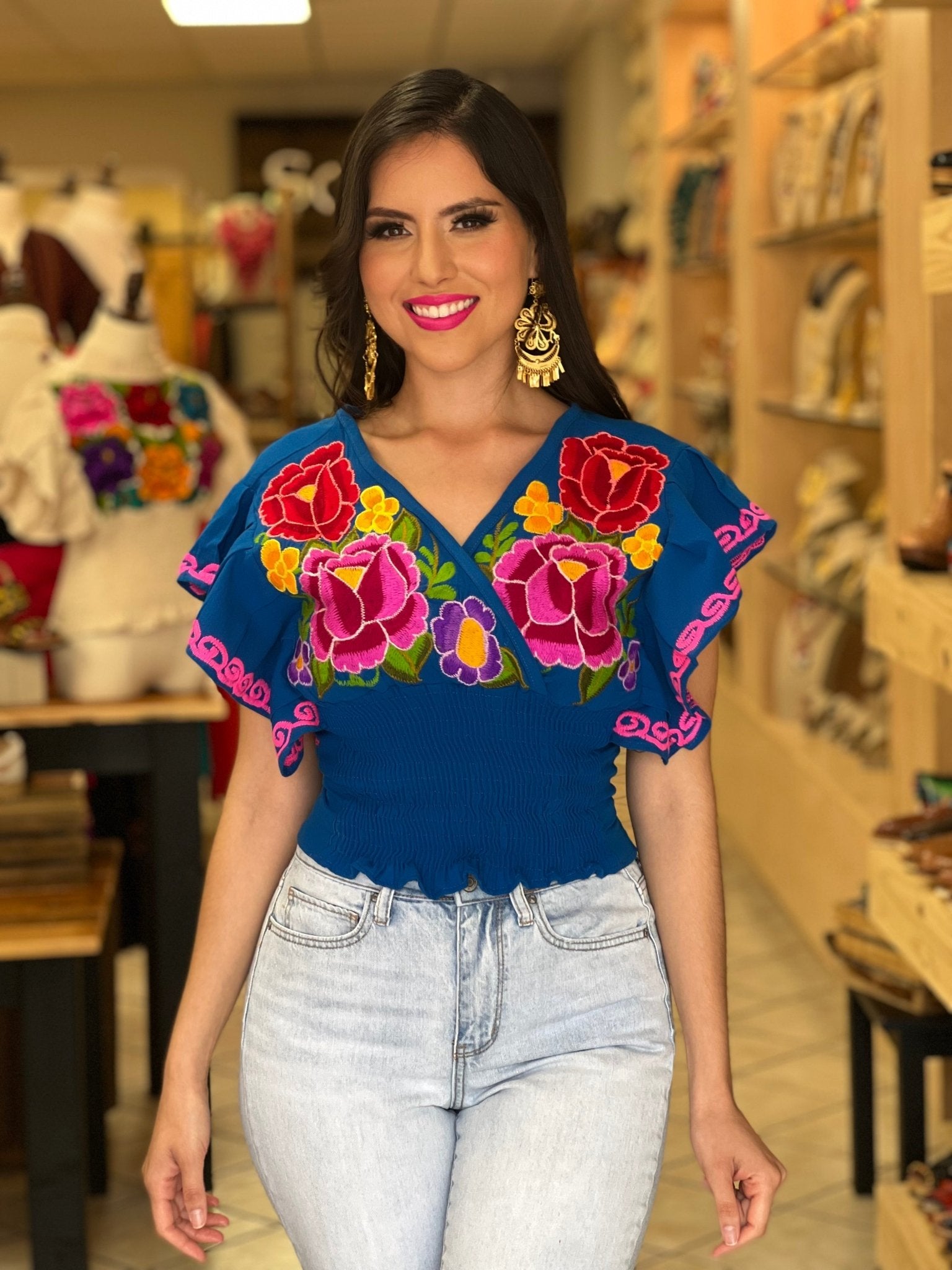 Mexican Embroidered Floral Butterfly Sleeve Crop Top. Mariposa Crop Top - Solei Store