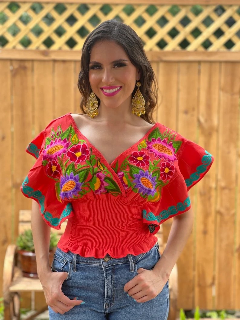 Mexican Embroidered Floral Butterfly Sleeve Crop Top. Mariposa Crop Top - Solei Store