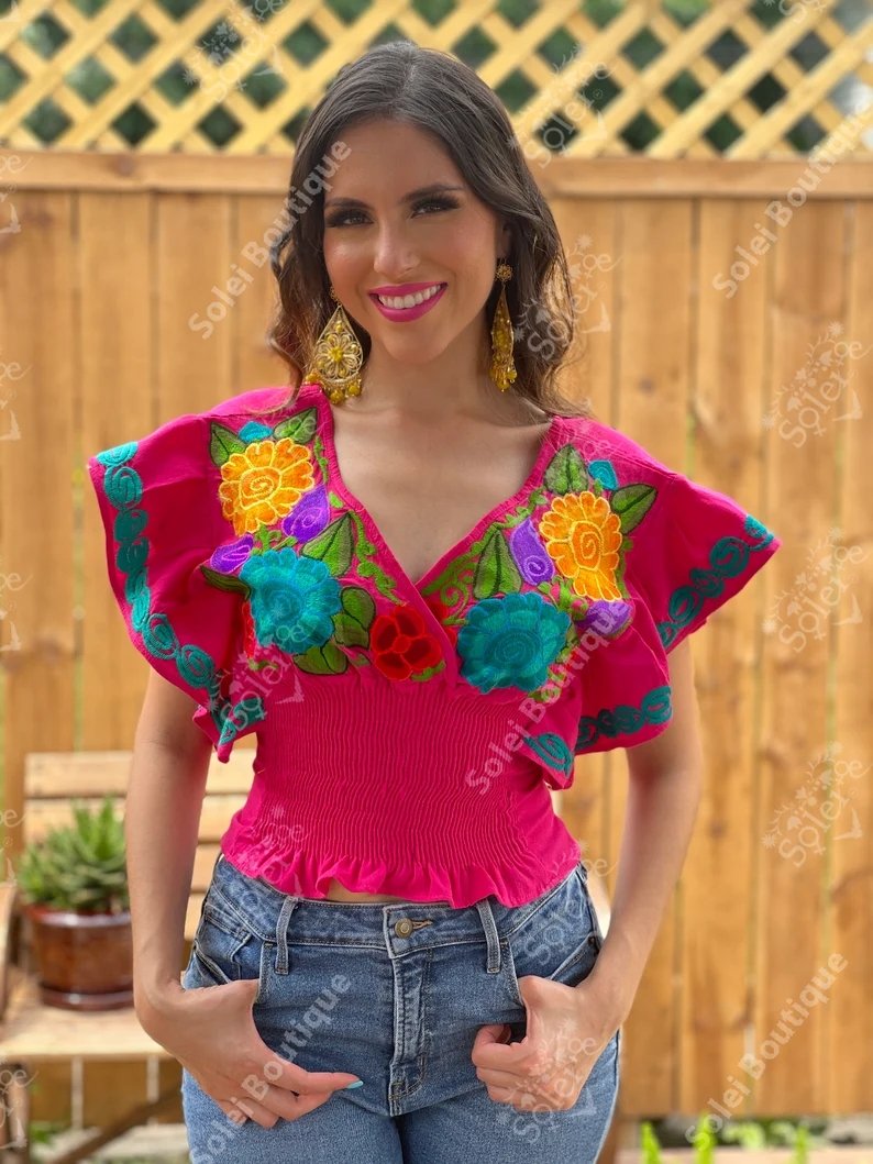 Mexican Embroidered Floral Butterfly Sleeve Crop Top. Mariposa Crop Top - Solei Store