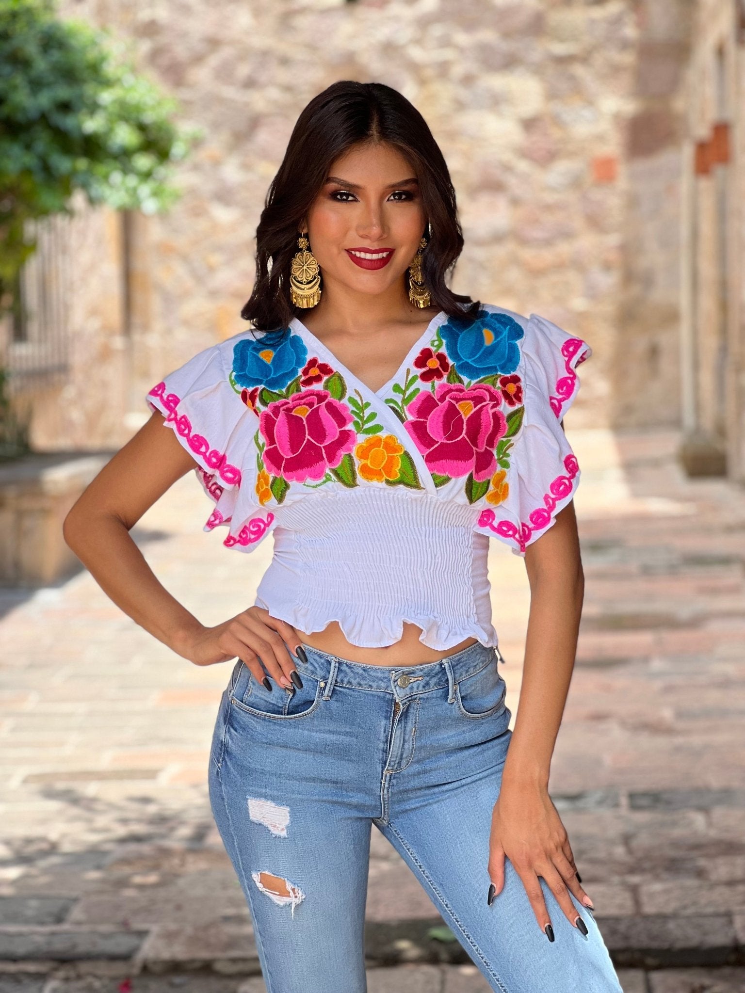 Mexican Embroidered Floral Butterfly Sleeve Crop Top. Mariposa Crop Top - Solei Store