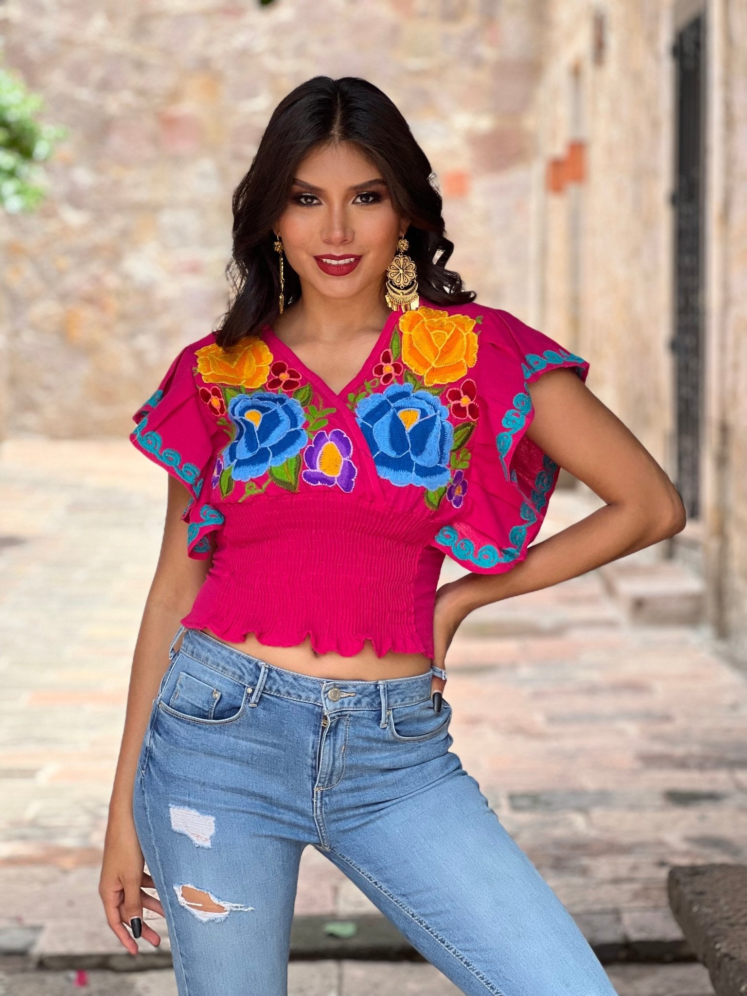 Mexican Embroidered Floral Butterfly Sleeve Crop Top. Mariposa Crop Top - Solei Store