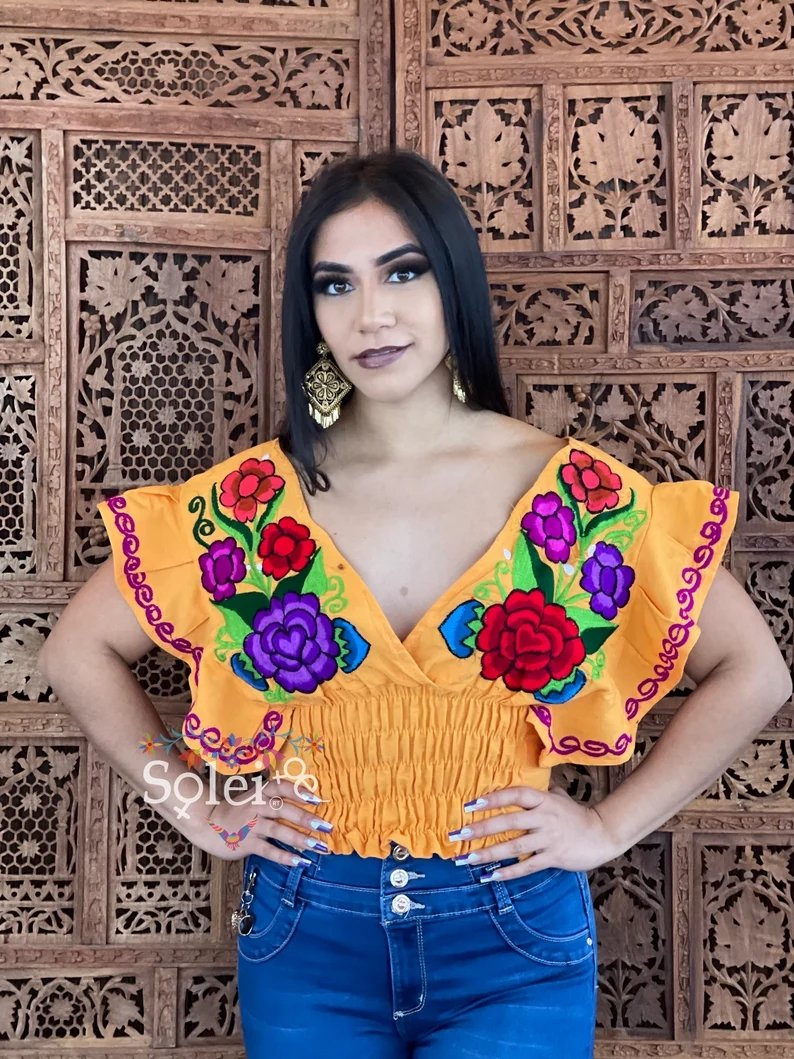 Mexican Embroidered Floral Butterfly Sleeve Crop Top. Mariposa Crop Top - Solei Store