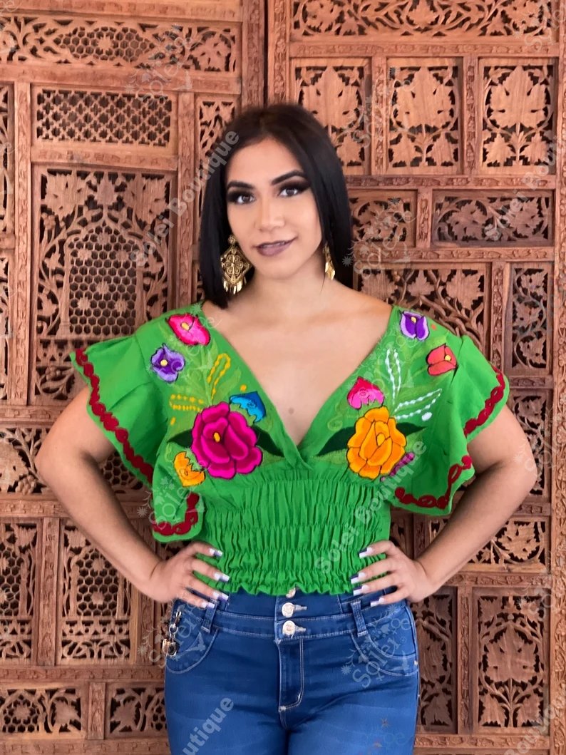 Mexican Embroidered Floral Butterfly Sleeve Crop Top. Mariposa Crop Top - Solei Store