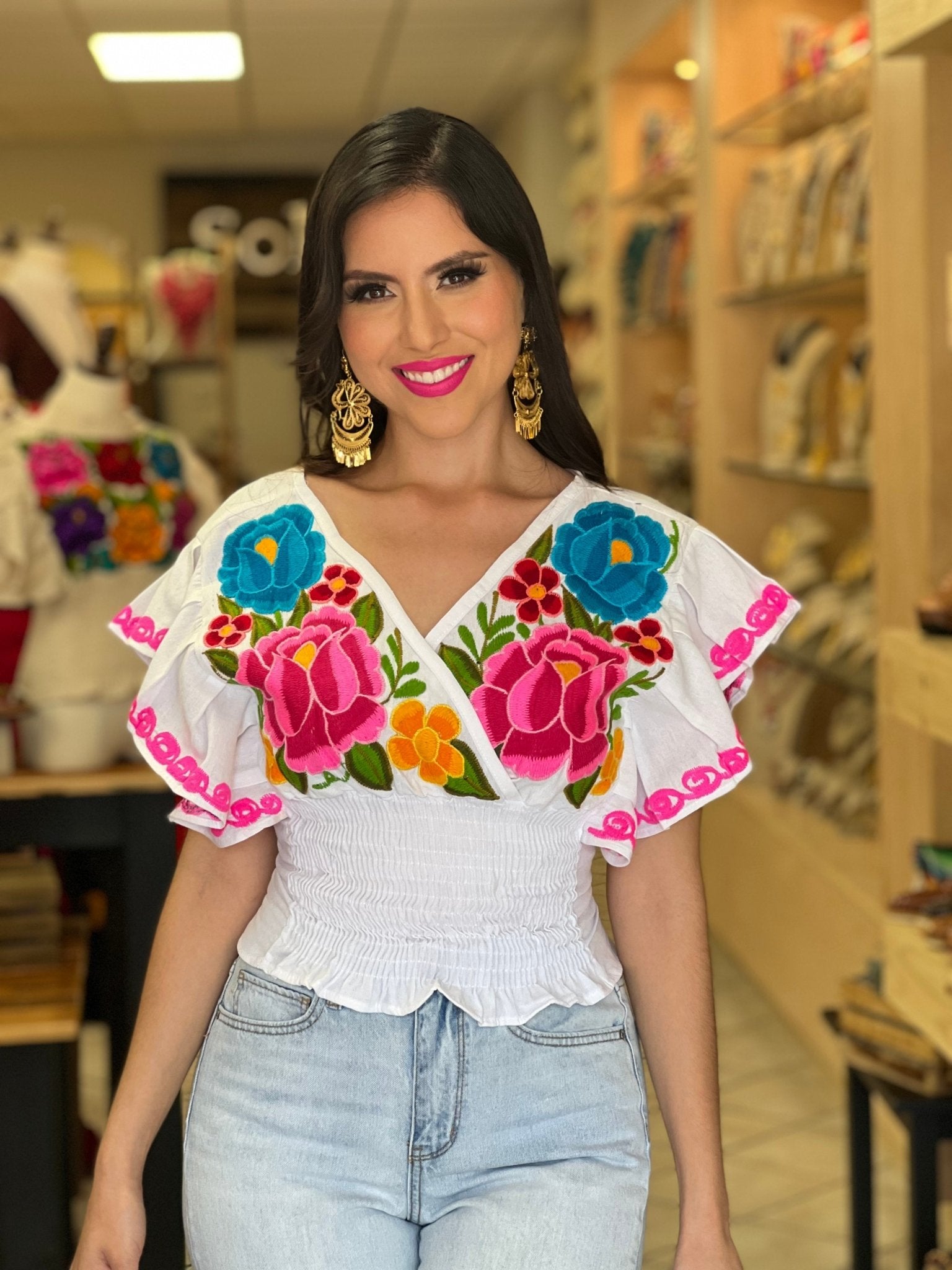 Mexican Embroidered Floral Butterfly Sleeve Crop Top. Mariposa Crop Top - Solei Store