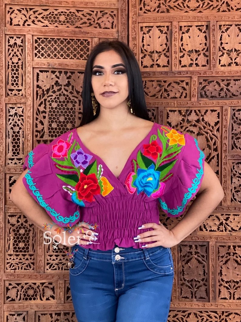 Mexican Embroidered Floral Butterfly Sleeve Crop Top. Mariposa Crop Top - Solei Store