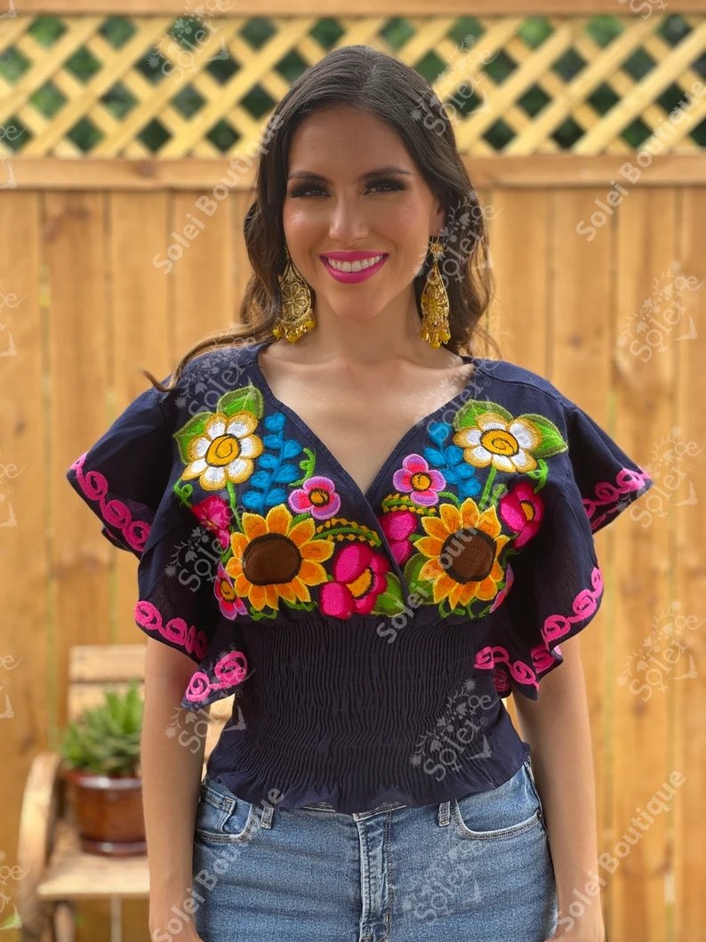 Mexican Embroidered Floral Butterfly Sleeve Crop Top. Mariposa Crop Top - Solei Store