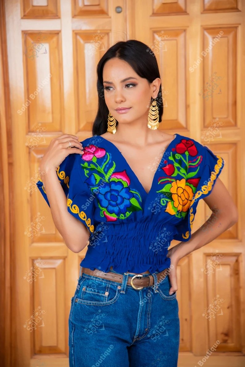 Mexican Embroidered Floral Butterfly Sleeve Crop Top. Mariposa Crop Top - Solei Store