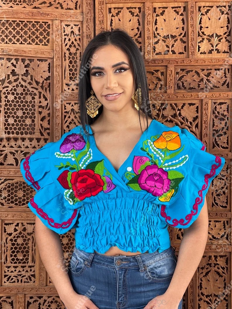 Mexican Embroidered Floral Butterfly Sleeve Crop Top. Mariposa Crop Top - Solei Store