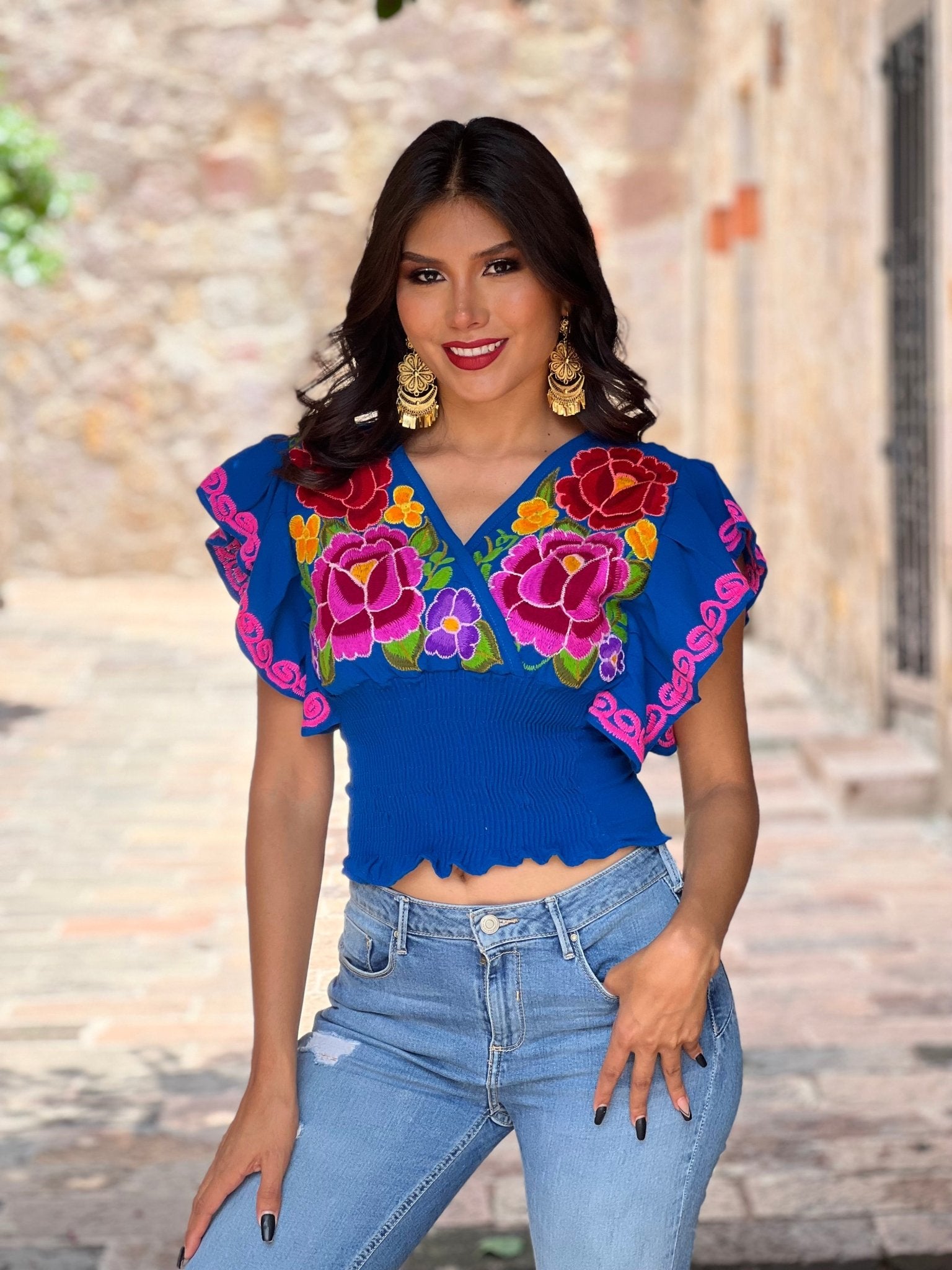 Mexican Embroidered Floral Butterfly Sleeve Crop Top. Mariposa Crop Top - Solei Store