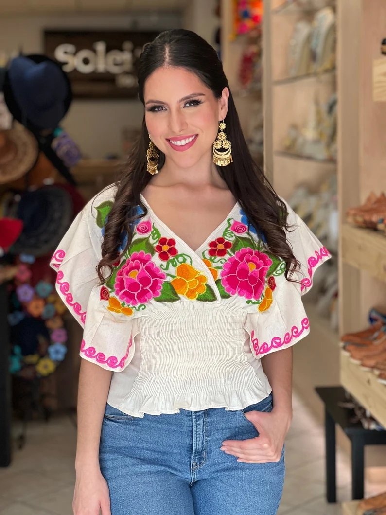 Mexican Embroidered Floral Butterfly Sleeve Crop Top. Mariposa Crop Top - Solei Store