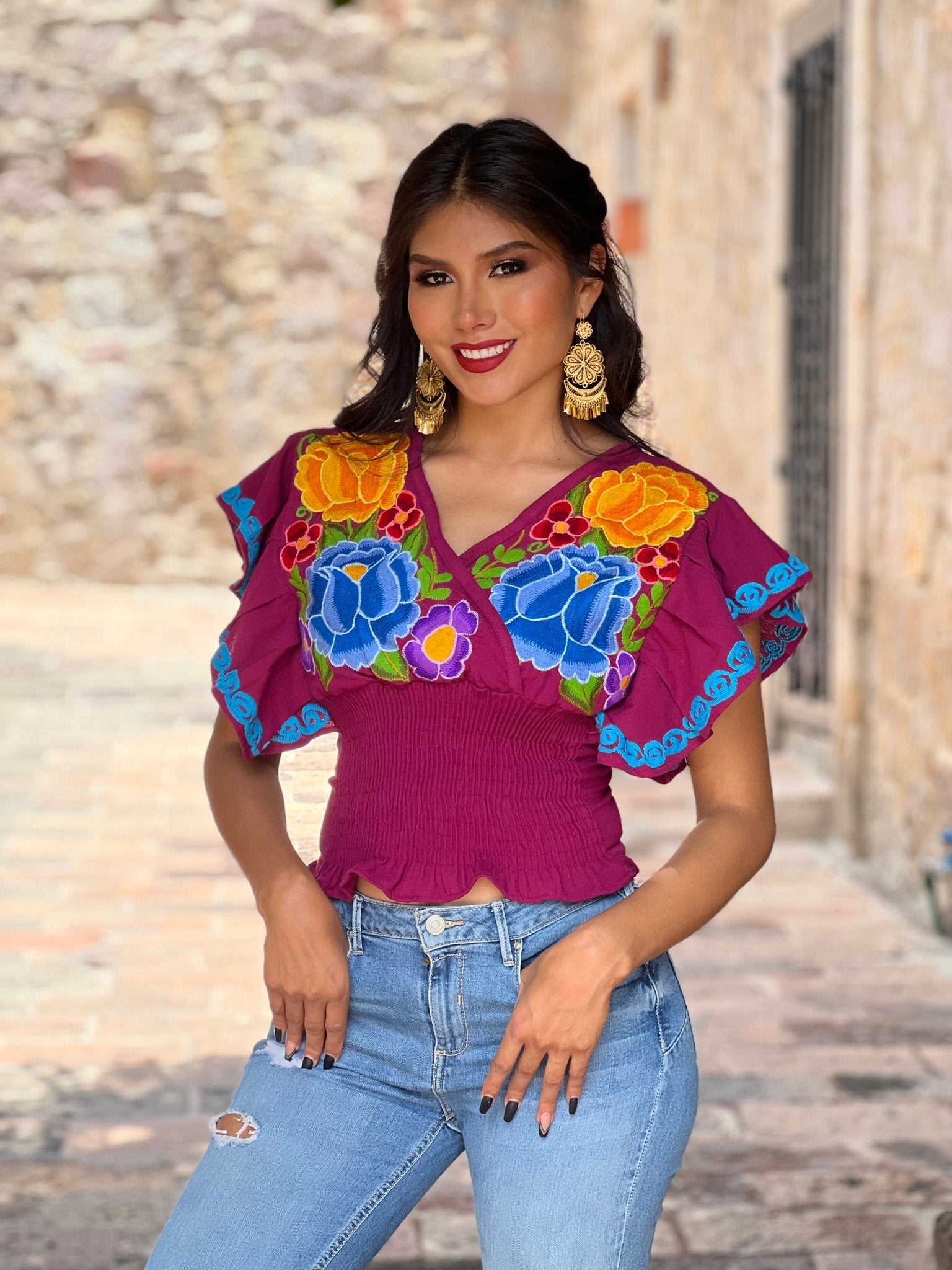 Mexican Embroidered Floral Butterfly Sleeve Crop Top. Mariposa Crop Top - Solei Store