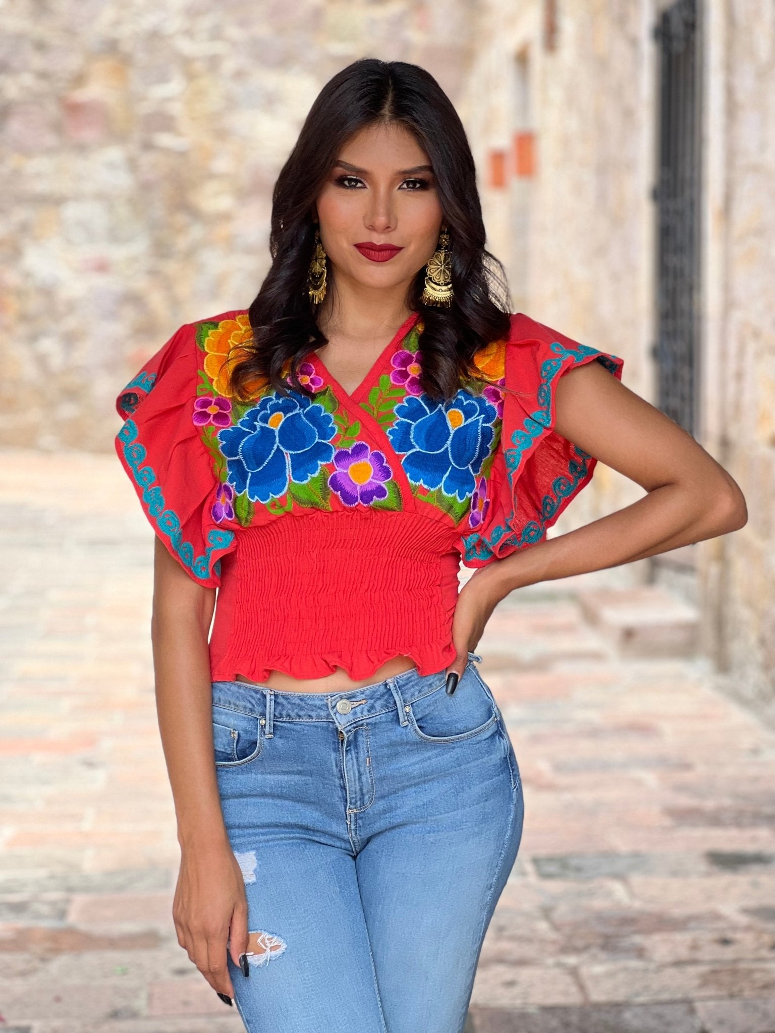 Mexican Embroidered Floral Butterfly Sleeve Crop Top. Mariposa Crop Top - Solei Store