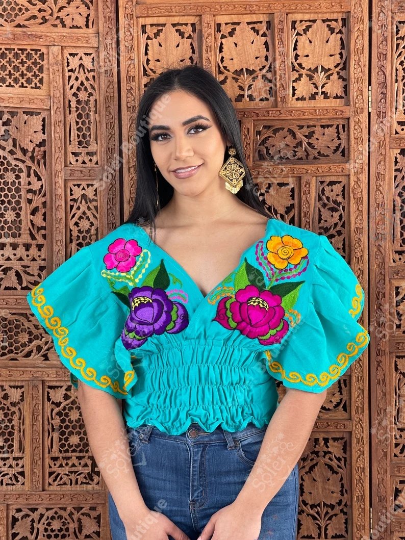 Mexican Embroidered Floral Butterfly Sleeve Crop Top. Mariposa Crop Top - Solei Store