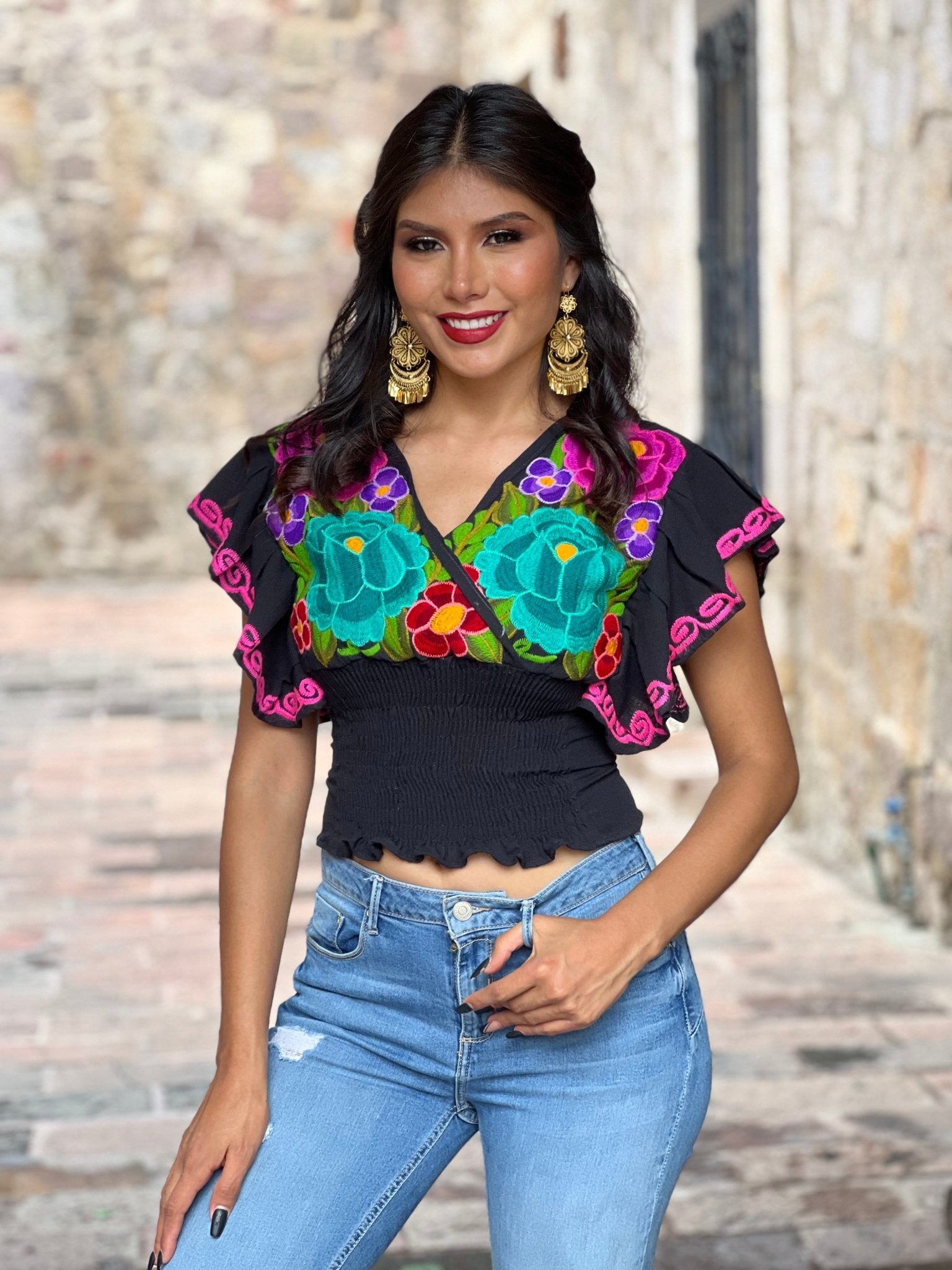 Mexican Embroidered Floral Butterfly Sleeve Crop Top. Mariposa Crop Top - Solei Store