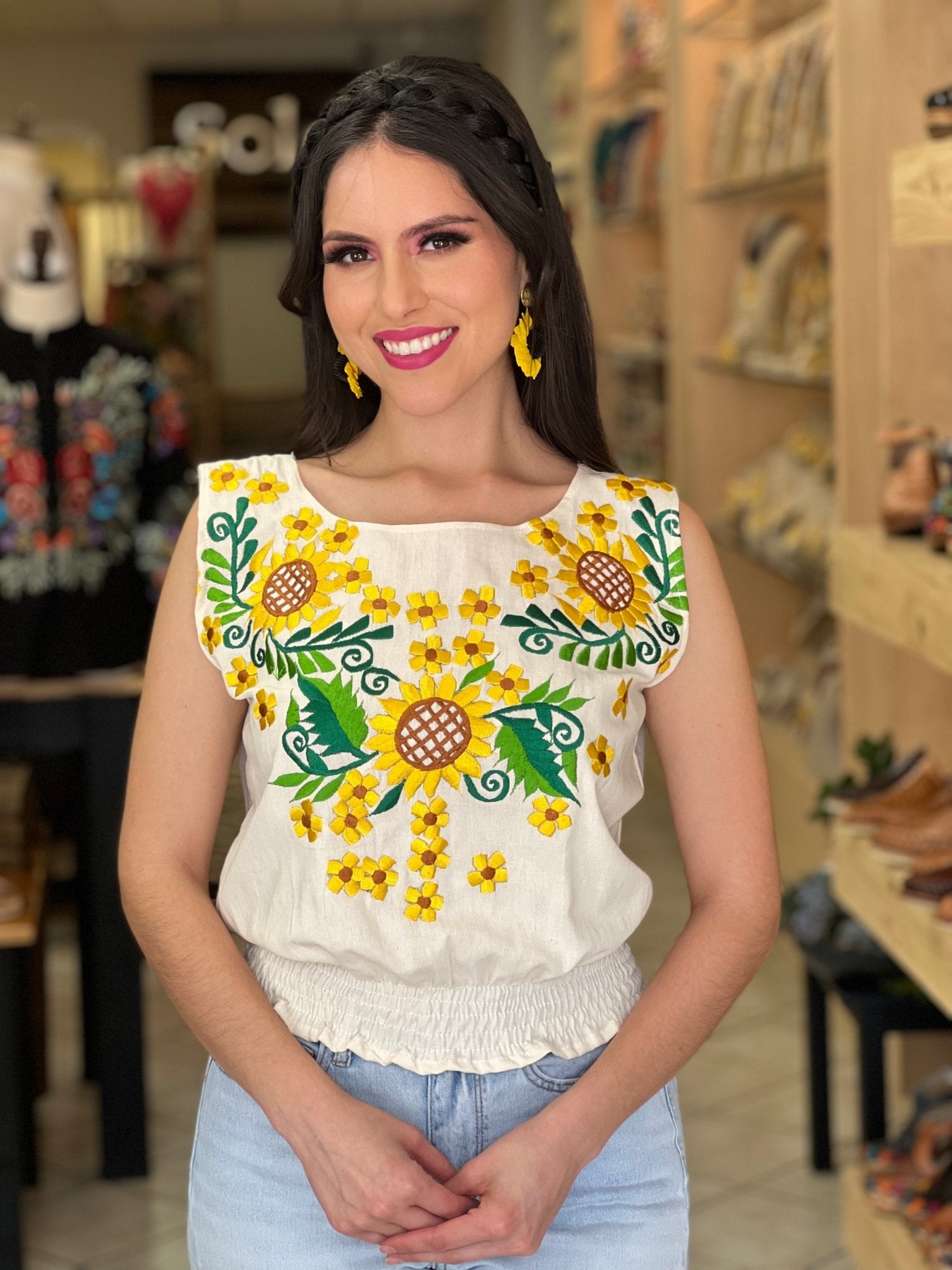 Mexican Embroidered Floral Crop Top. Crop Top Jimena Girasoles. - Solei Store