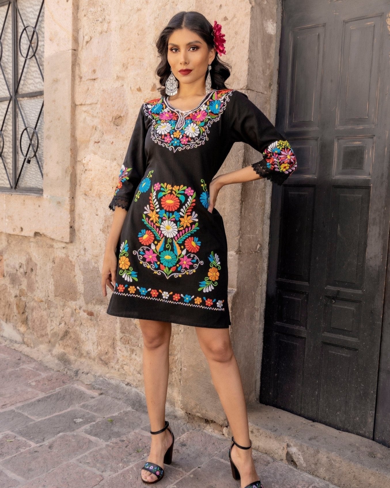 Mexican embroidered Floral Dress. Vestido Kimono Deluxe Corto. - Solei Store