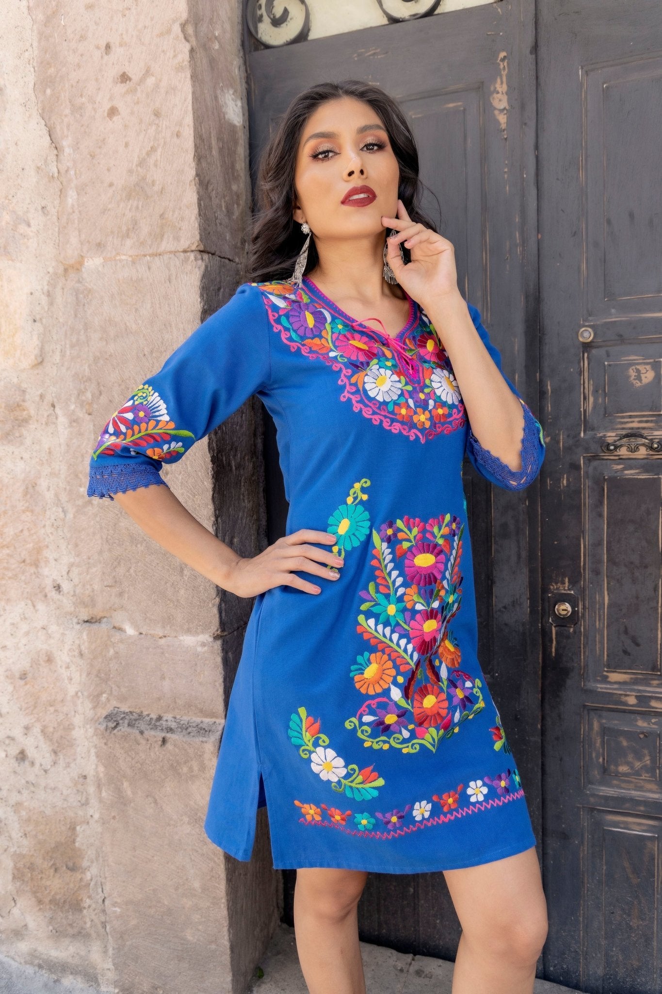 Mexican embroidered Floral Dress. Vestido Kimono Deluxe Corto. - Solei Store