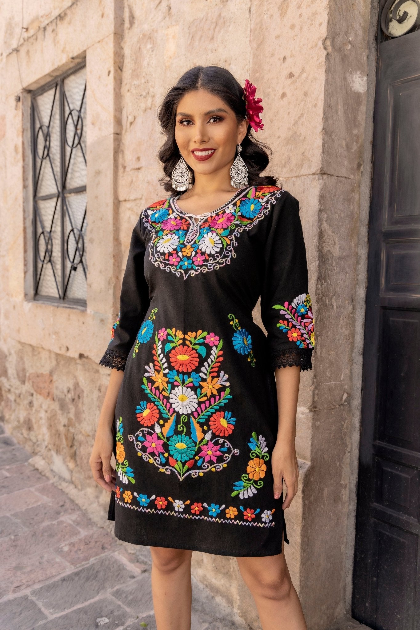 Mexican embroidered Floral Dress. Vestido Kimono Deluxe Corto. - Solei Store