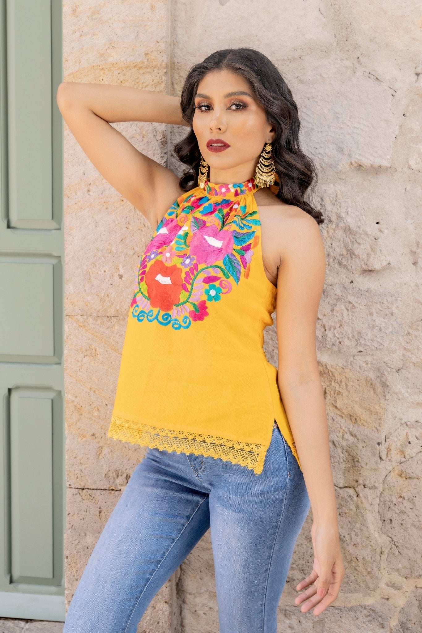 Mexican Embroidered Floral Halter Top. Blusa Valeria Halter. - Solei Store