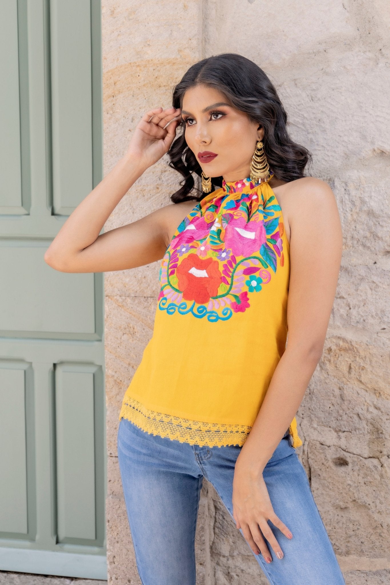 Mexican Embroidered Floral Halter Top. Blusa Valeria Halter. - Solei Store