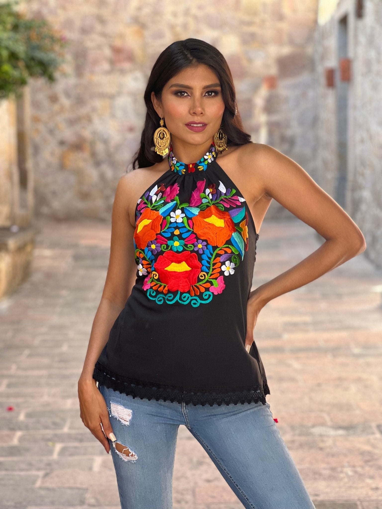 Mexican Embroidered Floral Halter Top. Halter Top Valeria - Solei Store